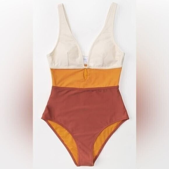 Cupshe Women’s One-Piece Swimsuit M Orange Color Block V-Neck Wide Strap Cheeky - Picture 3 of 7